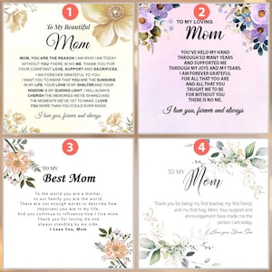 Puede incluir: Cuatro tarjetas imprimibles con dise&ntilde;os florales y mensajes sinceros para una madre. Cada tarjeta presenta un patr&oacute;n floral diferente y un mensaje que expresa amor y aprecio. Las tarjetas se titulan "To My Beautiful Mom", "To My Loving Mom", "To My Best Mom", y "To My Mom".
