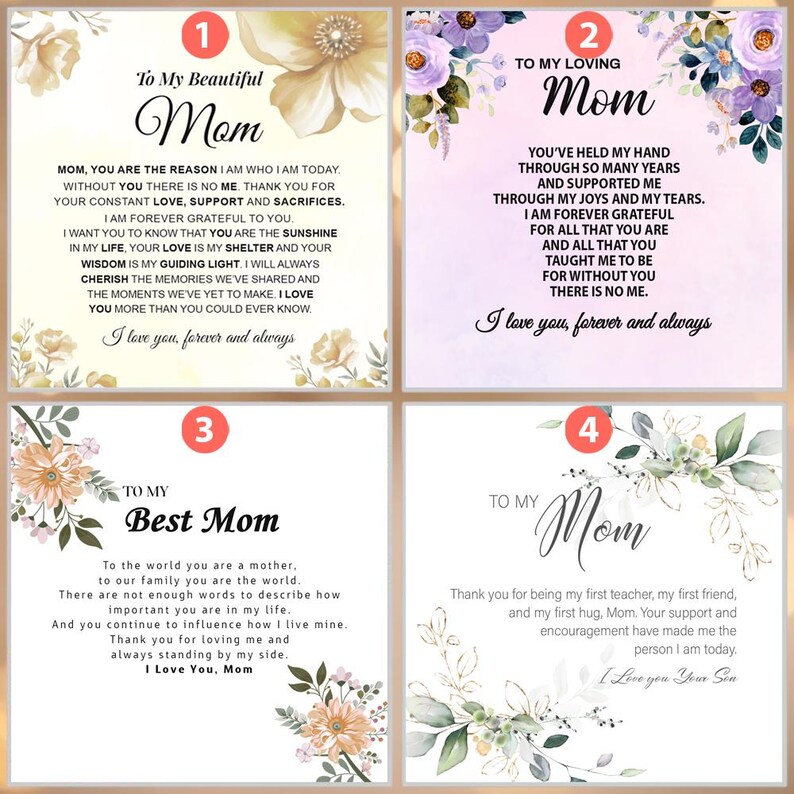 Puede incluir: Cuatro tarjetas imprimibles con dise&ntilde;os florales y mensajes sinceros para una madre. Cada tarjeta presenta un patr&oacute;n floral diferente y un mensaje que expresa amor y aprecio. Las tarjetas se titulan "To My Beautiful Mom", "To My Loving Mom", "To My Best Mom", y "To My Mom".