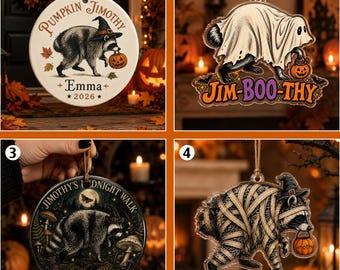 Jimothy Raccoon Halloween Ornament, Custom Name Halloween Decor, Cute Jimothy Keepsake, Spooky Season Decor Halloween, Gift for Animal Lover