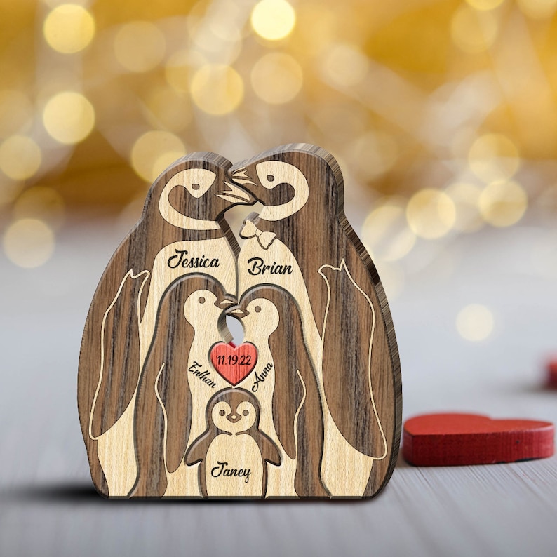 Rompecabezas de madera personalizado de pingüino para el Día del Padre, con nombre personalizado, regalo para padres, regalos para parejas casadas con hijos, regalos para papás primerizos 5 Penguins