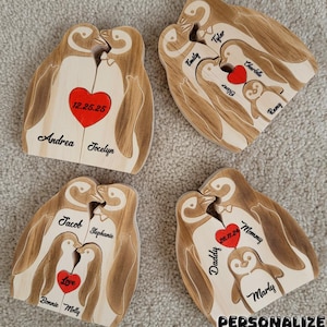 Rompecabezas de madera personalizado de pingüino para el Día del Padre, con nombre personalizado, regalo para padres, regalos para parejas casadas con hijos, regalos para papás primerizos imagen 2