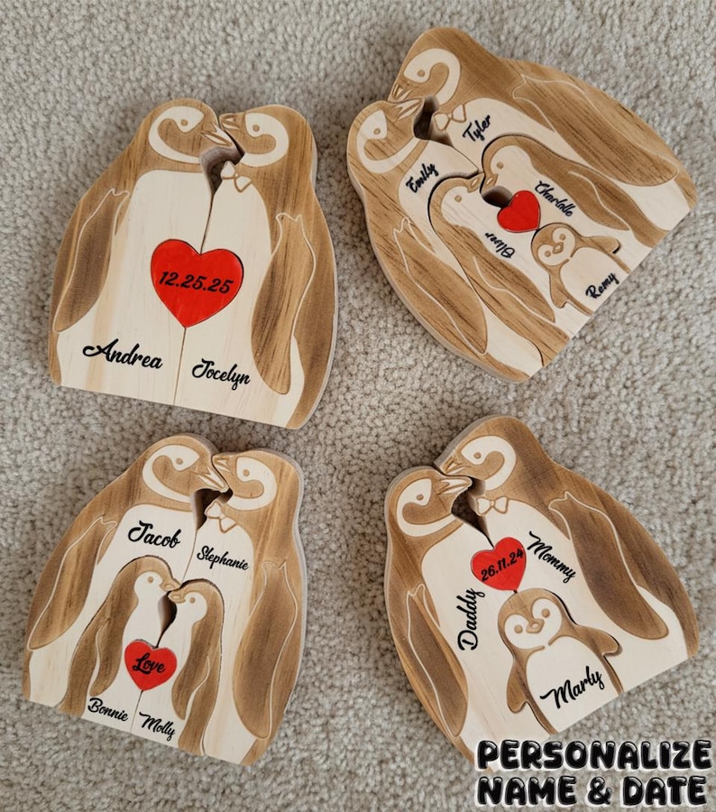 Rompecabezas de madera personalizado de pingüino para el Día del Padre, con nombre personalizado, regalo para padres, regalos para parejas casadas con hijos, regalos para papás primerizos imagen 2
