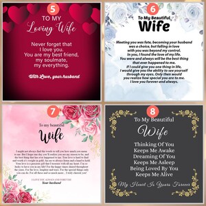 Puede incluir: Cuatro tarjetas imprimibles con mensajes rom&aacute;nticos para una esposa. Cada tarjeta tiene un fondo diferente con flores y un n&uacute;mero del 5 al 8. El texto en las tarjetas incluye frases como "Para Mi Amada Esposa", "Para Mi Hermosa Esposa" y "Pensar En Ti Me Mantiene Despierto".