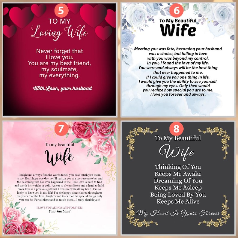 Puede incluir: Cuatro tarjetas imprimibles con mensajes rom&aacute;nticos para una esposa. Cada tarjeta tiene un fondo diferente con flores y un n&uacute;mero del 5 al 8. El texto en las tarjetas incluye frases como "Para Mi Amada Esposa", "Para Mi Hermosa Esposa" y "Pensar En Ti Me Mantiene Despierto".