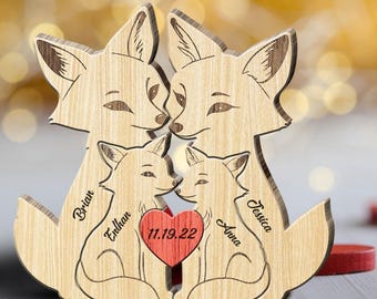Personalized Fox Family Wooden Puzzle, Custom Name Wood Animal Figurine, Fathers Day Gift, New Dad Keepsake Family Desk Decor