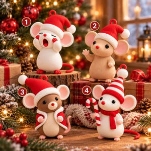 May include: Four small mouse figurines wearing Christmas hats and accessories. Mouse 1 is white and yawning. Mouse 2 is tan and waving. Mouse 3 is brown with a red coat. Mouse 4 is white with a red scarf and holding a candy cane. Each has a hanging loop.