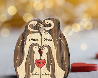 Personalized Wooden Penguin Family Puzzle, 2-5 People With Names, Wooden Animal Puzzle, Gift for Wife, Anniversary Gift, Mothers Day Gift