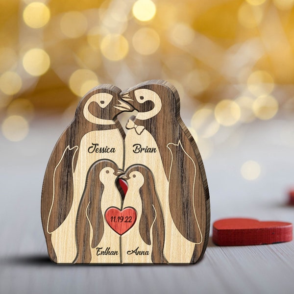 Personalisiertes Pinguin-Familienpuzzle aus Holz, 2-5 Personen mit Namen, Tierpuzzle aus Holz, Geschenk für Frau, Jubiläumsgeschenk, Muttertagsgeschenk