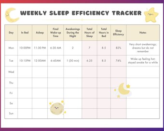 May include: A Weekly Sleep Efficiency Tracker chart with columns for Day, In Bed, Asleep, Final Wake-up Time, Awakenings, Total Hours of Sleep, Total Hours in Bed, Sleep Efficiency, and Notes. The design features a crescent moon and star.