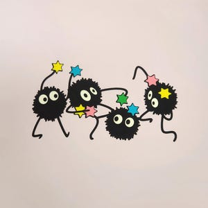 May include: Four black fuzzy creatures with large eyes and small limbs are dancing. Each creature has a colorful star on its head and is holding a star in its hand.