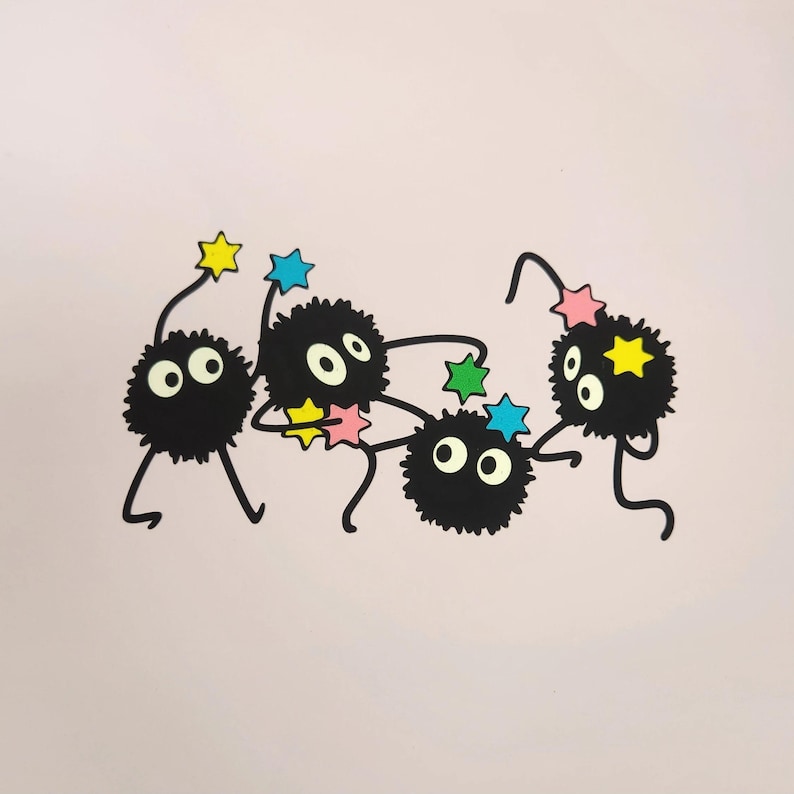 May include: Four black fuzzy creatures with large eyes and small limbs are dancing. Each creature has a colorful star on its head and is holding a star in its hand.