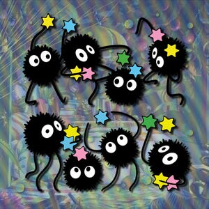 May include: A group of nine black fuzzy creatures with large eyes and small mouths are playing with colorful stars. The creatures are on a background of blue, green, and purple stripes.