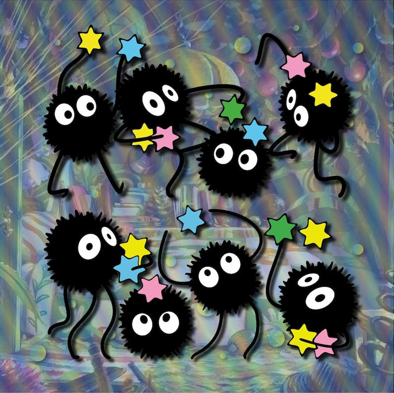 May include: A group of nine black fuzzy creatures with large eyes and small mouths are playing with colorful stars. The creatures are on a background of blue, green, and purple stripes.