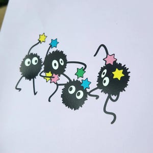 May include: Four black fuzzy creatures with large eyes and small legs are playing with colorful stars. The creatures are on a light purple background.