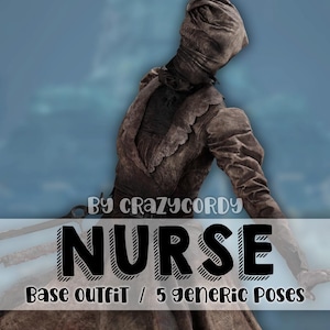 May include: A brown nurse outfit with a head covering and long sleeves. The image includes the text "NURSE" and "Base outfit / 5 generic poses". The background is a gradient of blue.