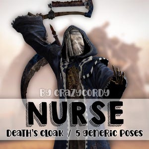 May include: A digital artwork featuring a character in a dark blue hooded cloak with a scythe. The text on the image reads "NURSE Death's Cloak / 5 generic poses" and "BY CRAZYCORDY". The character has a white face covering.