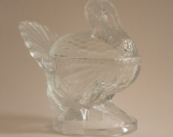 Vintage Clear Glass Turkey Lidded Candy Dish, L.E. Smith Thanksgiving