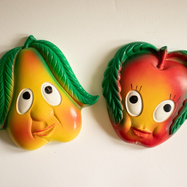 Vintage Miller Studio Chalkware Apple and Pear Heads  1970s MCM Mid-Century Kitchen Home Decor