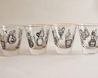 Vintage Libbey Whiskey Cups (Set of 4): Gold Rimmed Liquor Bottle Print