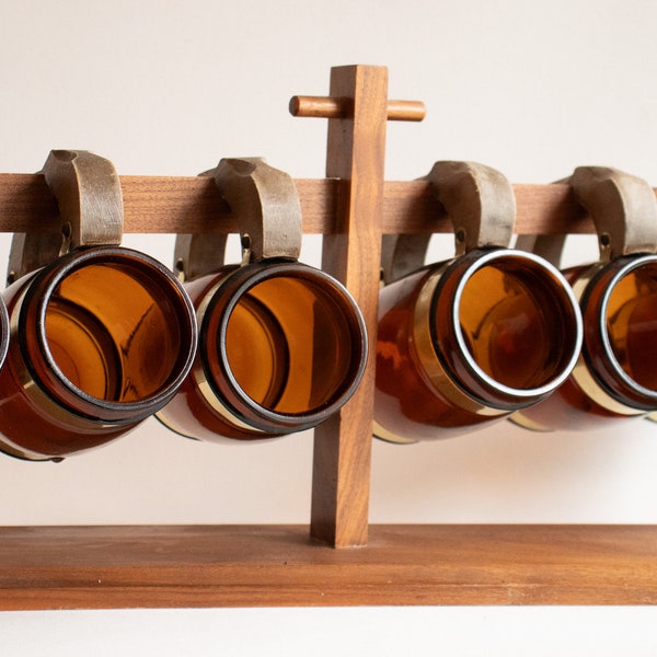Vintage Siestaware Barrel Mugs Set of 6 with Wooden Display Rack Amber Glass Wooden Handle MCM Mid Century Barware