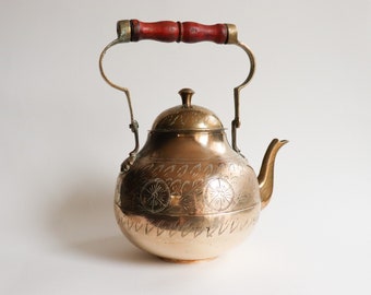 Vintage Brass Teapot Hand-Etched, Made in India, Wooden Handle