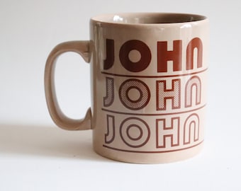 Vintage Staffordshire "John" Name Mug, Retro Brown Font, 1970s Kiln Craft Made in England