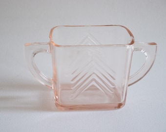 Vintage Hazel Atlas Pink Depression Glas Chevron Rechteckige Zuckerdose mit Griffen, 1930er Jahre Schmuckhalter