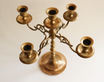 Vintage 5-Armed Gold Brass Candelabra, Ornate Candlestick Holder, Tapered Candles, Wedding Decor, Table Centerpiece