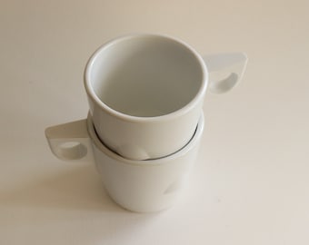 Vintage Pair of Dallas Ware Stackable White Melamine Mugs, MCM Midcentury 1960s Melmac
