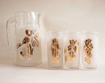 Vintage Frosted Glass Pitcher and Tumbler Set: Gold Grapevine Design