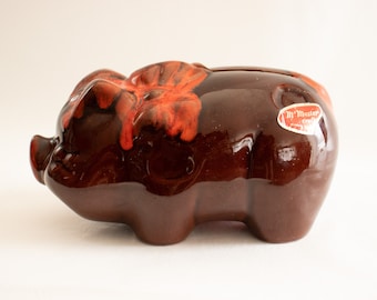 Vintage McMaster Pottery Piggy Bank Orange Brown Drip Glaze Ceramic MCM MidCentury