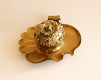 Vintage Gold Brass Lidded Inkwell with Handle, Ashtray, Candle Holder, Ornate scalloped shell shape
