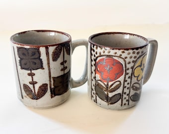 Vintage Otagiri Stoneware Pair of Mugs Floral Motif Speckled