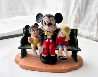 Walt Disney Mickey Mouse Figurine Porcelain/Bisque Sitting On Bench with Kids