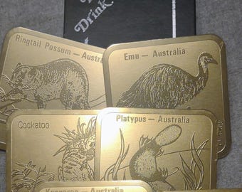Gold Colored Etched Vintage Drink Coasters By Riga Australian Animals