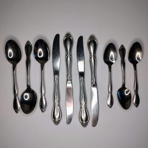 May include: A set of nine silver-toned stainless steel flatware pieces arranged in a row, including three dinner knives with smooth blades and six spoons of varying sizes, all featuring a decorative embossed floral pattern on the handles.