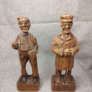 2pc Vintage Hand Carved Wooden Sailor Figurines Statues 6&quot; Signed Bottom