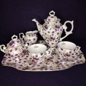 Juego de té vintage Victoria's Garden con bandeja, 10 piezas, diseño floral morado