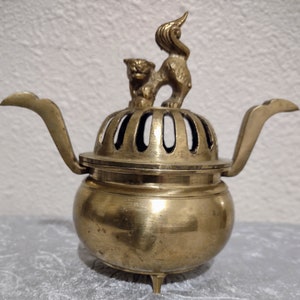 Chinese Brass Incense Burner With Fu Dog Finial