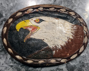 Hand Painted Eagle On Vintage Leather Belt Buckle