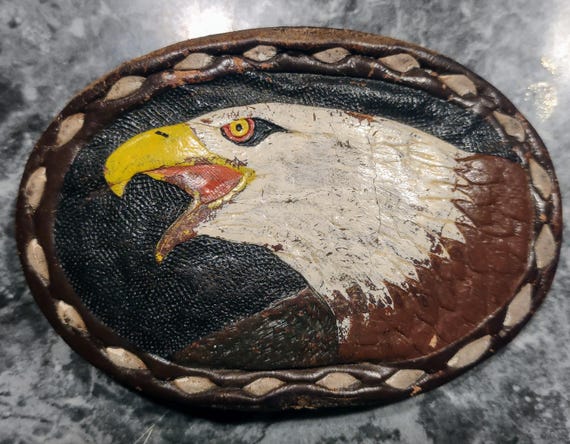 Vintage 90s Painted Eagle Genuine Leather Brass Buckle Belt Size Small Vintage Bald Eagle Painted Enamel Brass Belt Buckle With  main image 3
