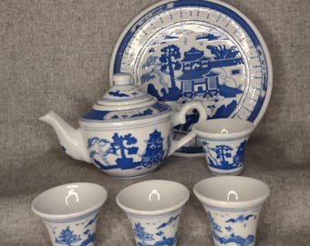 Vintage Blue and White Chinese Ceramic Miniature Tea Set