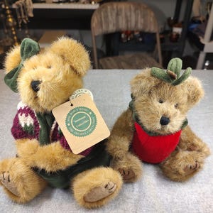 Pode incluir: Dois ursos de peluche marrons com detalhes verdes. O urso à esquerda está vestindo um suéter verde e bordô com uma etiqueta que diz "Investment Collectibles The Archive Collection". O urso à direita está vestindo uma roupa vermelha e verde que se assemelha a um morango.