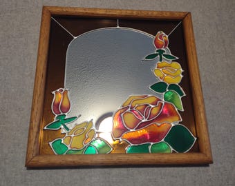 Stained Glass Vintage Mirror in Oak Frame Gold Roses