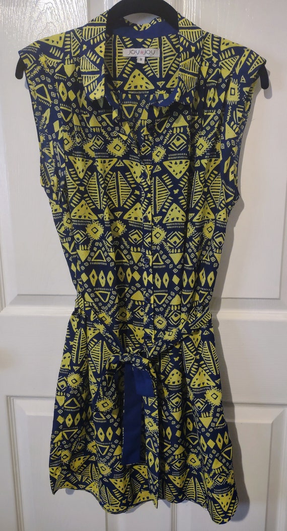 80s Geometric Print Belted Shirt Dress