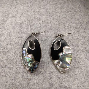 Abalone Shell Dangle Earrings Alpaca Nickel Silver With Black Polished Stone