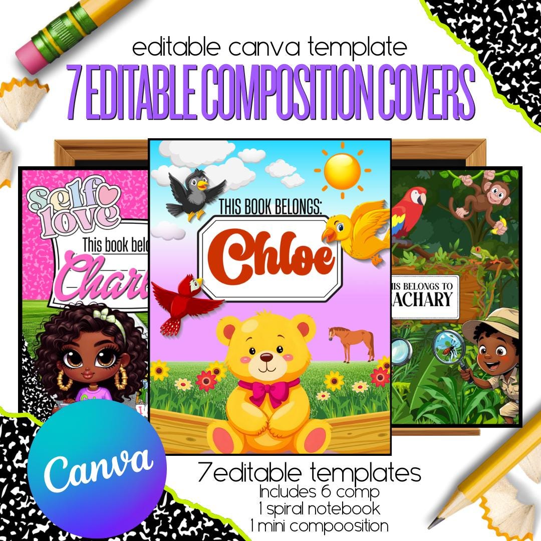 Editable Composition Notebook Cover Bundle: Canva Templates (digital ...