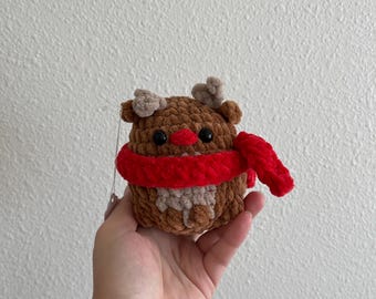 crochet reindeer plushie stuffed animal, cute baby reindeer in red scarf, Christmas reindeer