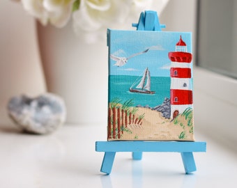 Mini Canvas & Easel Hand Painted Oil Painting of Seaside Lighthouse, Hand painted home decor wall art, Nautical Beach handmade home decor