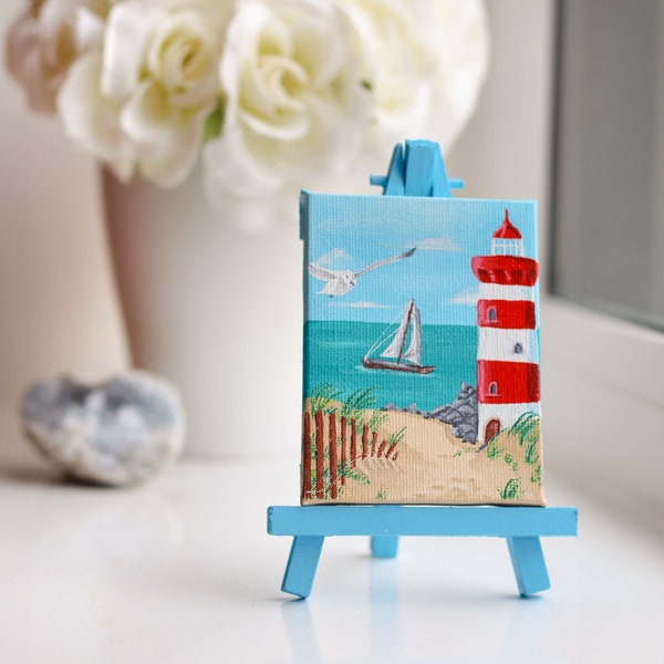 Mini Canvas & Easel Hand Painted Oil Painting of Seaside Lighthouse, Hand painted home decor wall art, Nautical Beach handmade home decor